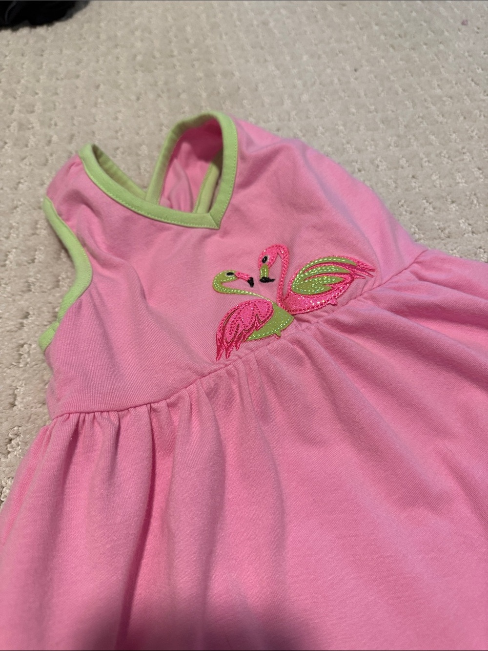 Girls Pink Flamingo Appliqué Tank Dress with Lime Trim